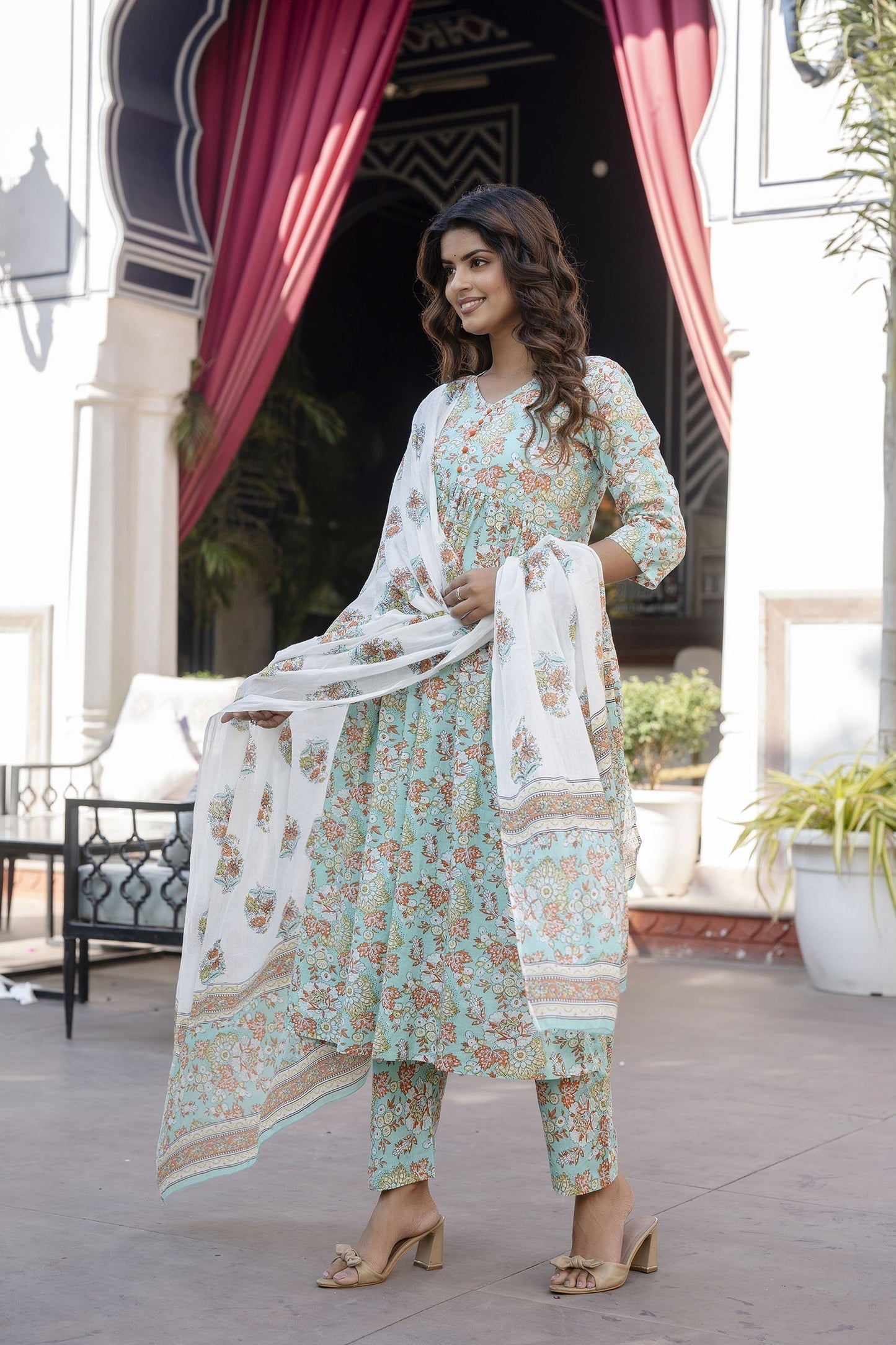 Women Green Printed Gathered Kurta And Trouser With Dupatta | LASVINI - Redefining Indian Fashion with Elegance