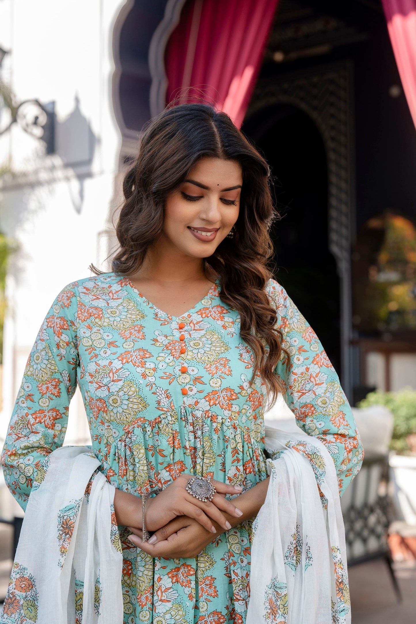 Women Green Printed Gathered Kurta And Trouser With Dupatta | LASVINI - Redefining Indian Fashion with Elegance