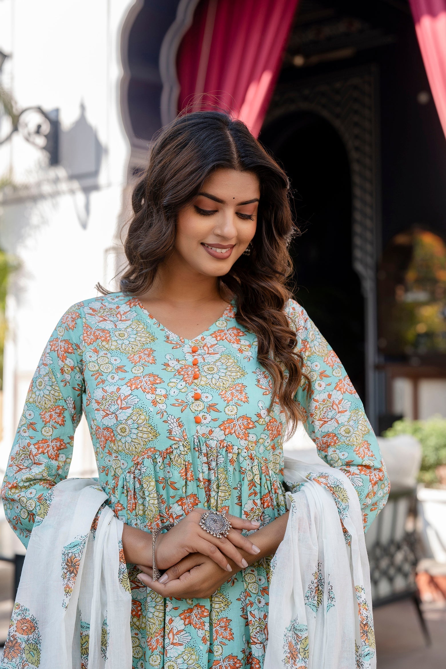 Women Green Printed Gathered Kurta And Trouser With Dupatta | LASVINI - Redefining Indian Fashion with Elegance