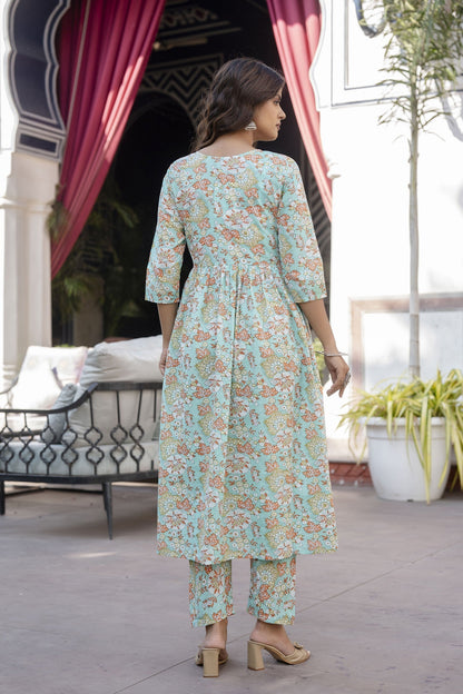 Women Green Printed Gathered Kurta And Trouser With Dupatta | LASVINI - Redefining Indian Fashion with Elegance