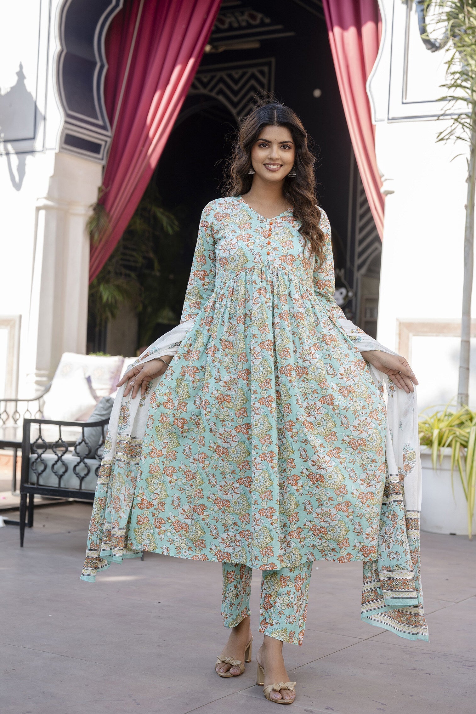 Women Green Printed Gathered Kurta And Trouser With Dupatta | LASVINI - Redefining Indian Fashion with Elegance