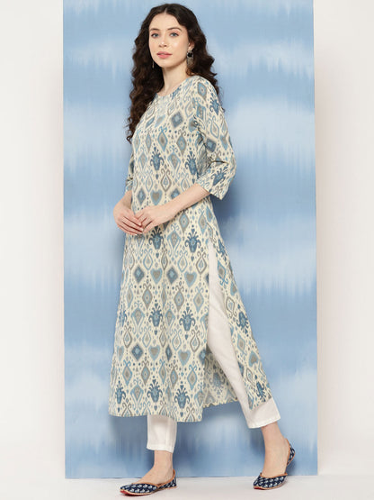 Women Blue Ethnic Printed Straight Kurta With Three Quarter Sleeves | LASVINI - Redefining Indian Fashion with Elegance
