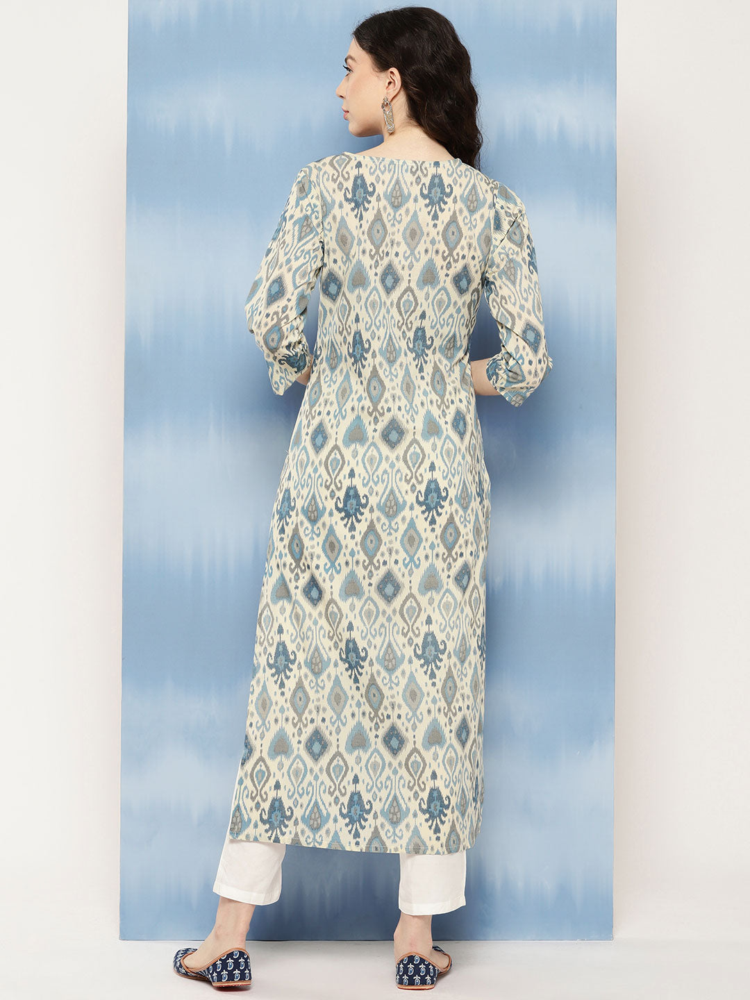 Women Blue Ethnic Printed Straight Kurta With Three Quarter Sleeves | LASVINI - Redefining Indian Fashion with Elegance