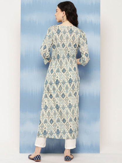 Women Blue Ethnic Printed Straight Kurta With Three Quarter Sleeves | LASVINI - Redefining Indian Fashion with Elegance