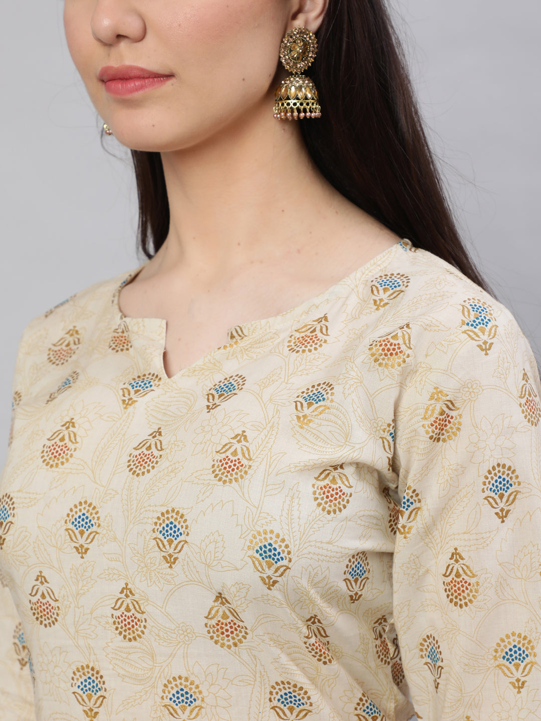 Women Cream Ethnic Printed Straight Kurta With Three Quarter Sleeves | LASVINI - Redefining Indian Fashion with Elegance