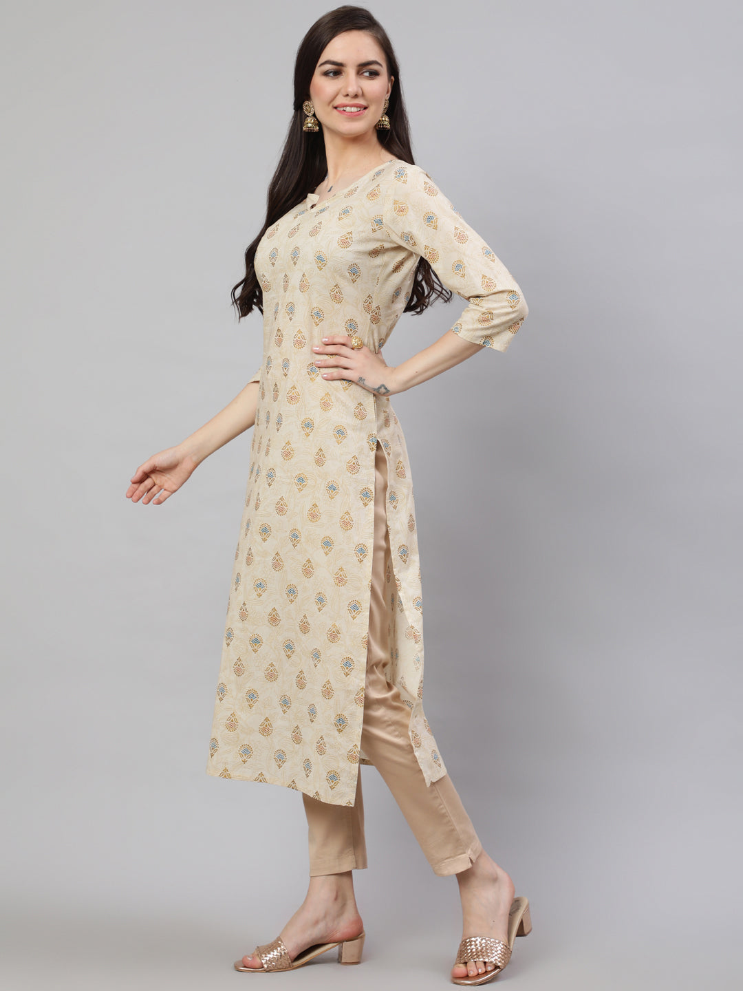 Women Cream Ethnic Printed Straight Kurta With Three Quarter Sleeves | LASVINI - Redefining Indian Fashion with Elegance