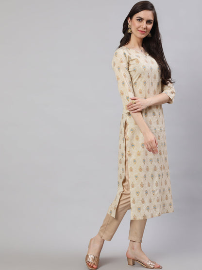 Women Cream Ethnic Printed Straight Kurta With Three Quarter Sleeves | LASVINI - Redefining Indian Fashion with Elegance