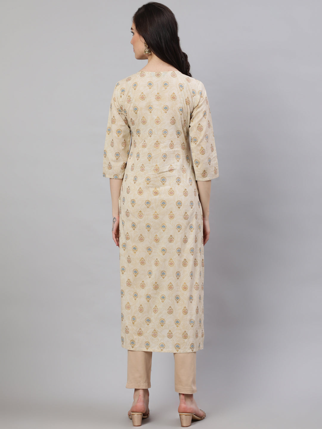 Women Cream Ethnic Printed Straight Kurta With Three Quarter Sleeves | LASVINI - Redefining Indian Fashion with Elegance