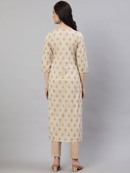 Women Cream Ethnic Printed Straight Kurta With Three Quarter Sleeves | LASVINI - Redefining Indian Fashion with Elegance