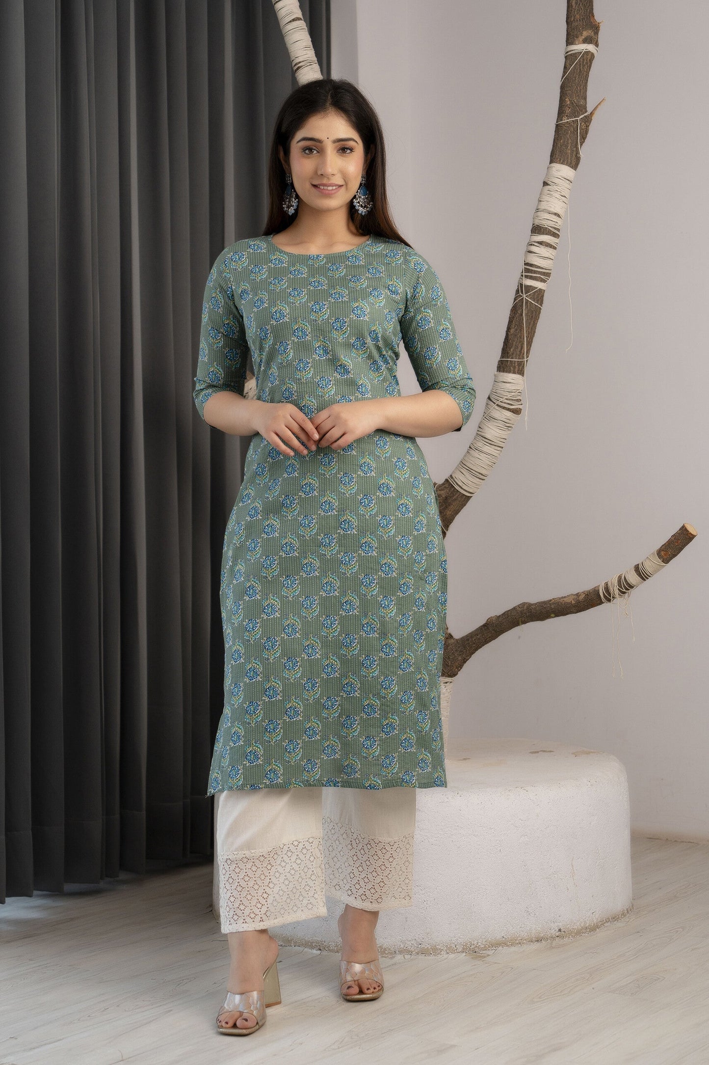 Women Green Ethnic Printed Straight Kurta With Three Quarter Sleeves | LASVINI - Redefining Indian Fashion with Elegance