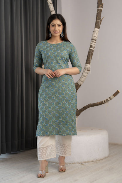 Women Green Ethnic Printed Straight Kurta With Three Quarter Sleeves | LASVINI - Redefining Indian Fashion with Elegance