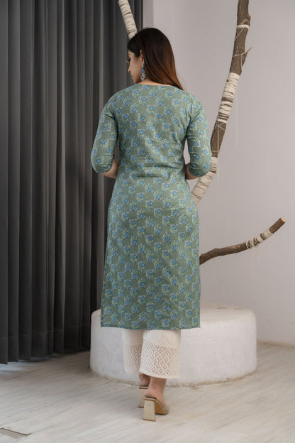 Women Green Ethnic Printed Straight Kurta With Three Quarter Sleeves | LASVINI - Redefining Indian Fashion with Elegance