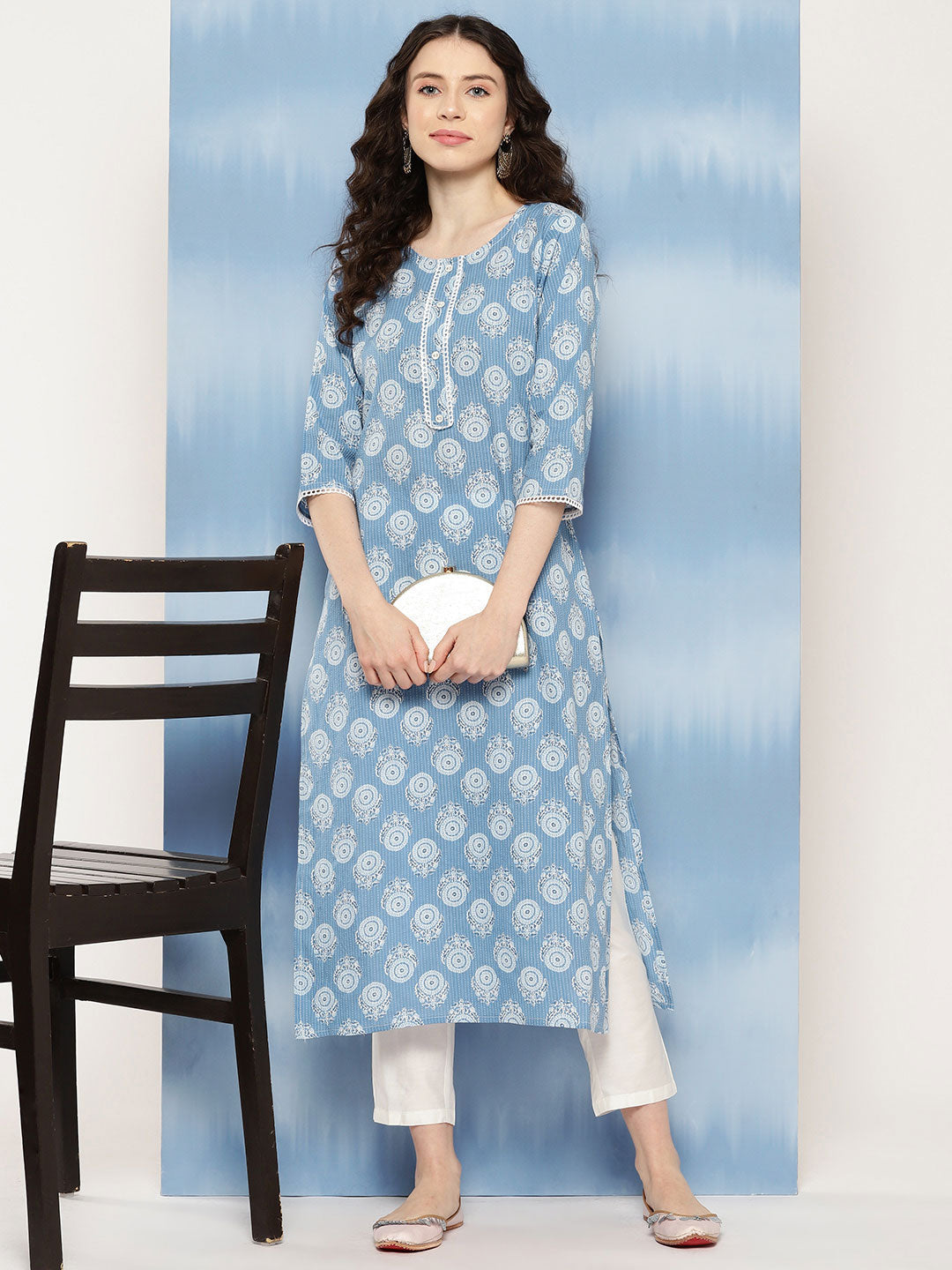 Women Blue Ethnic Printed Straight Kurta With Three Quarter Sleeves | LASVINI - Redefining Indian Fashion with Elegance