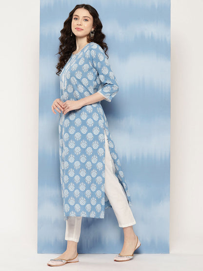 Women Blue Ethnic Printed Straight Kurta With Three Quarter Sleeves | LASVINI - Redefining Indian Fashion with Elegance