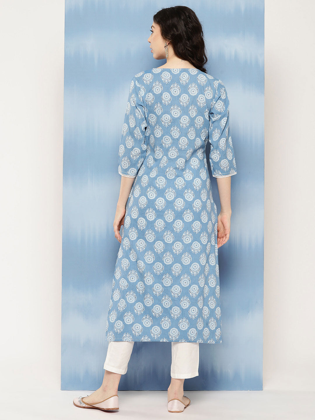 Women Blue Ethnic Printed Straight Kurta With Three Quarter Sleeves | LASVINI - Redefining Indian Fashion with Elegance