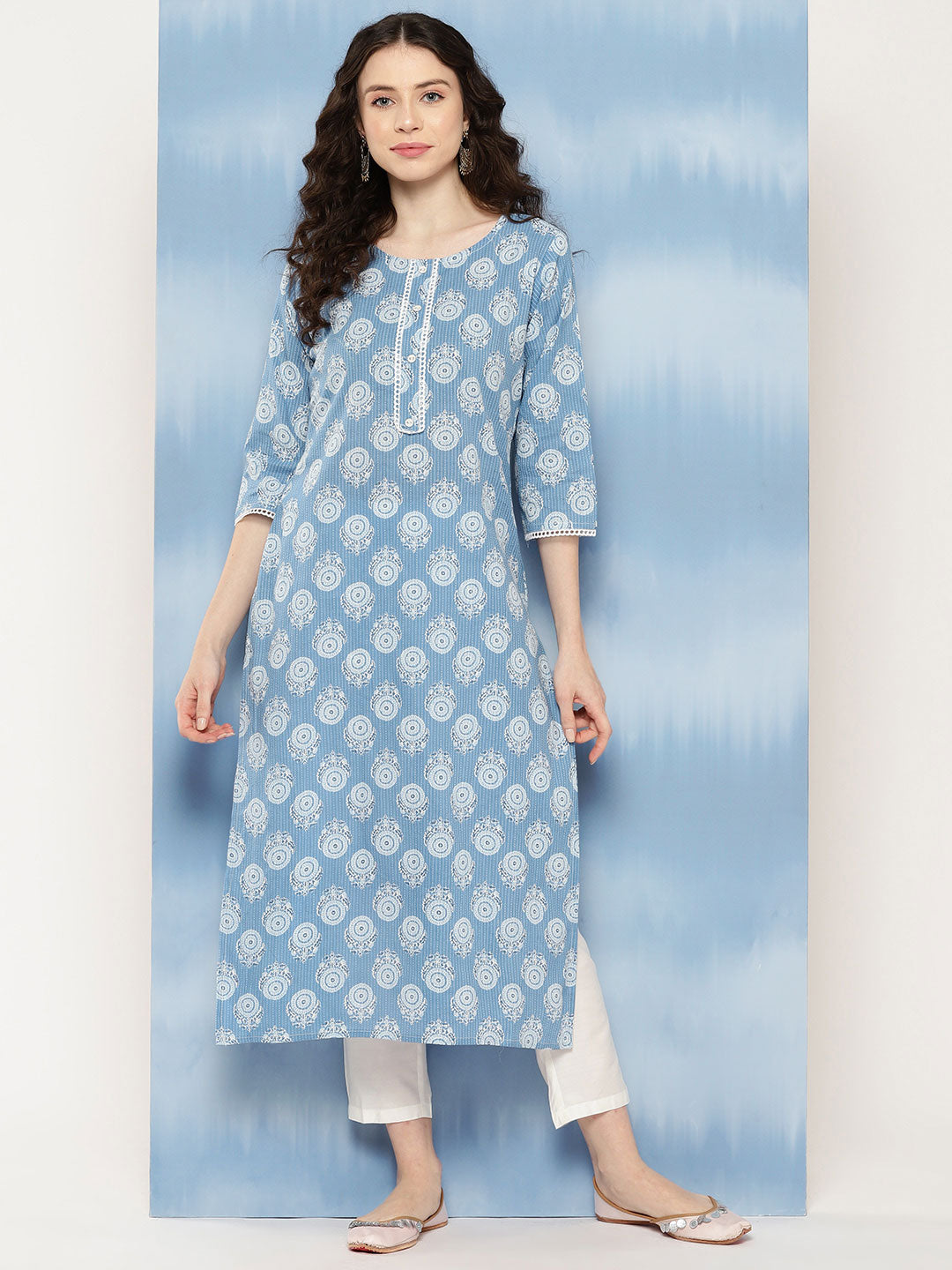 Women Blue Ethnic Printed Straight Kurta With Three Quarter Sleeves | LASVINI - Redefining Indian Fashion with Elegance