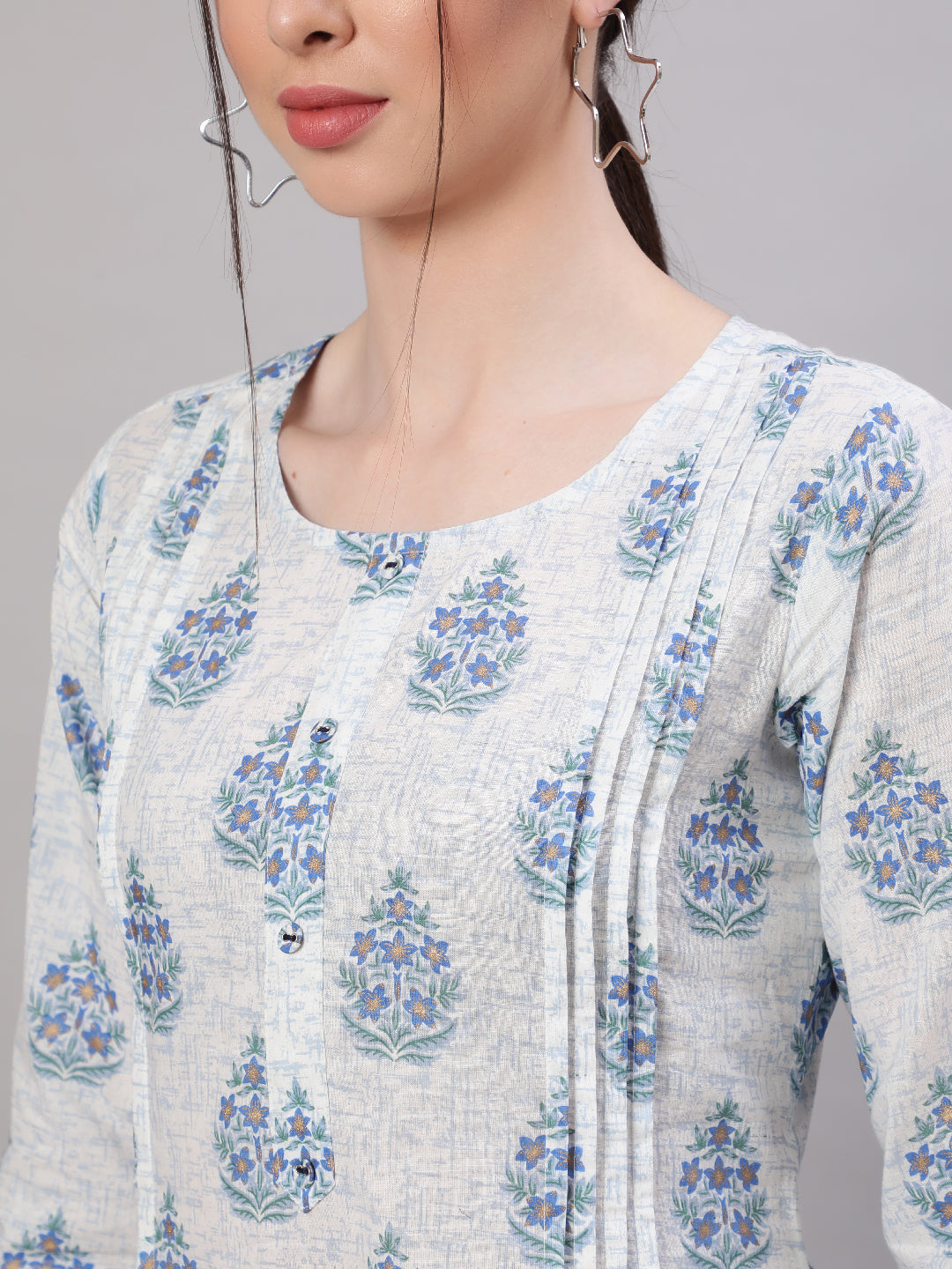 Women Off White Printed Straight Tunic With Three Quarter Sleeves | LASVINI - Redefining Indian Fashion with Elegance