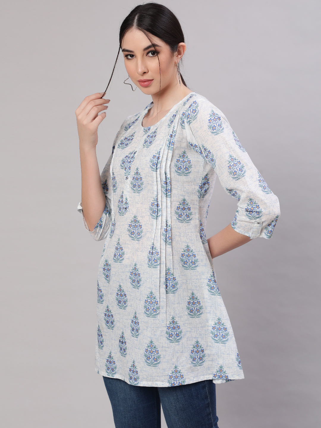 Women Off White Printed Straight Tunic With Three Quarter Sleeves | LASVINI - Redefining Indian Fashion with Elegance