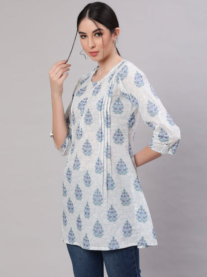 Women Off White Printed Straight Tunic With Three Quarter Sleeves | LASVINI - Redefining Indian Fashion with Elegance