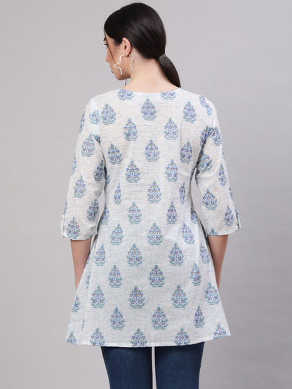 Women Off White Printed Straight Tunic With Three Quarter Sleeves | LASVINI - Redefining Indian Fashion with Elegance
