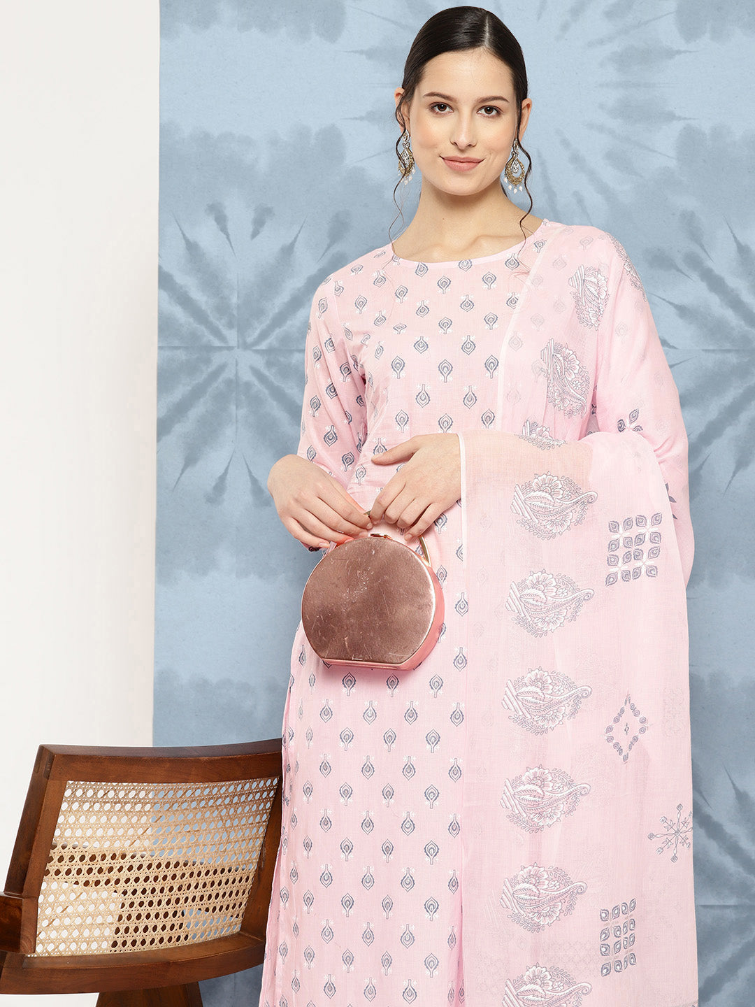 Women Light Pink Printed Straight Kurta With Palazzo And Dupatta | LASVINI - Redefining Indian Fashion with Elegance