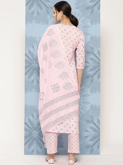 Women Light Pink Printed Straight Kurta With Palazzo And Dupatta | LASVINI - Redefining Indian Fashion with Elegance