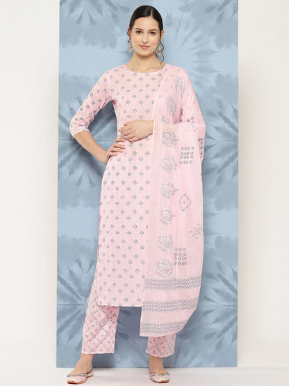 Women Light Pink Printed Straight Kurta With Palazzo And Dupatta | LASVINI - Redefining Indian Fashion with Elegance