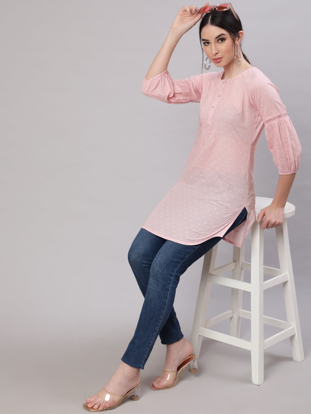 Women Pink Straight Tunic With Three Quarter Sleeves | LASVINI - Redefining Indian Fashion with Elegance