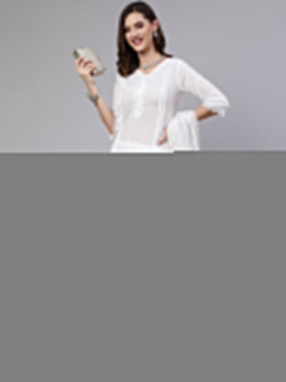 Women White Lace Details Straight Kurta With Trouser And Net Dupatta | LASVINI - Redefining Indian Fashion with Elegance