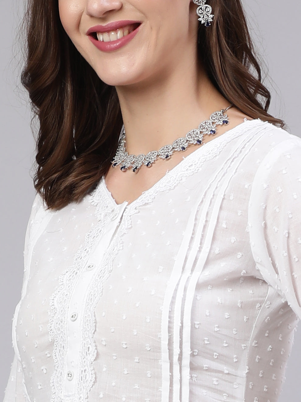 Women White Lace Details Straight Kurta With Trouser And Net Dupatta | LASVINI - Redefining Indian Fashion with Elegance