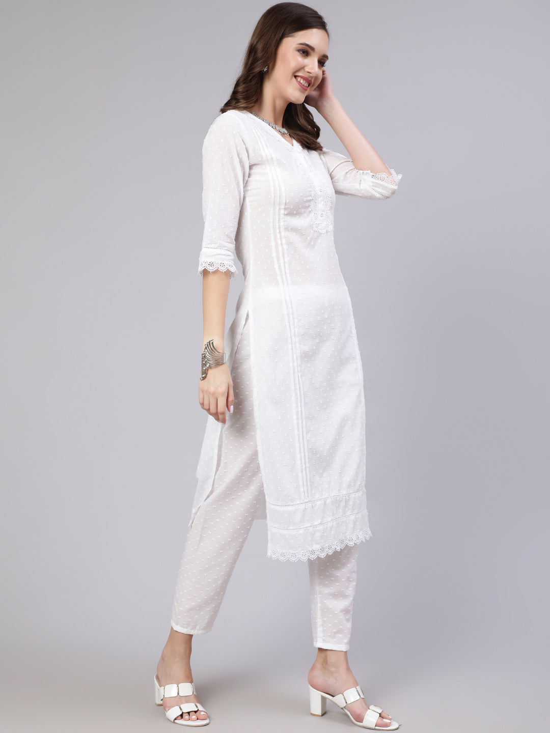 Women White Lace Details Straight Kurta With Trouser And Net Dupatta | LASVINI - Redefining Indian Fashion with Elegance