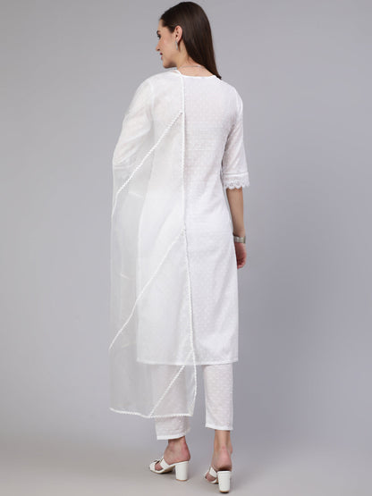 Women White Lace Details Straight Kurta With Trouser And Net Dupatta | LASVINI - Redefining Indian Fashion with Elegance