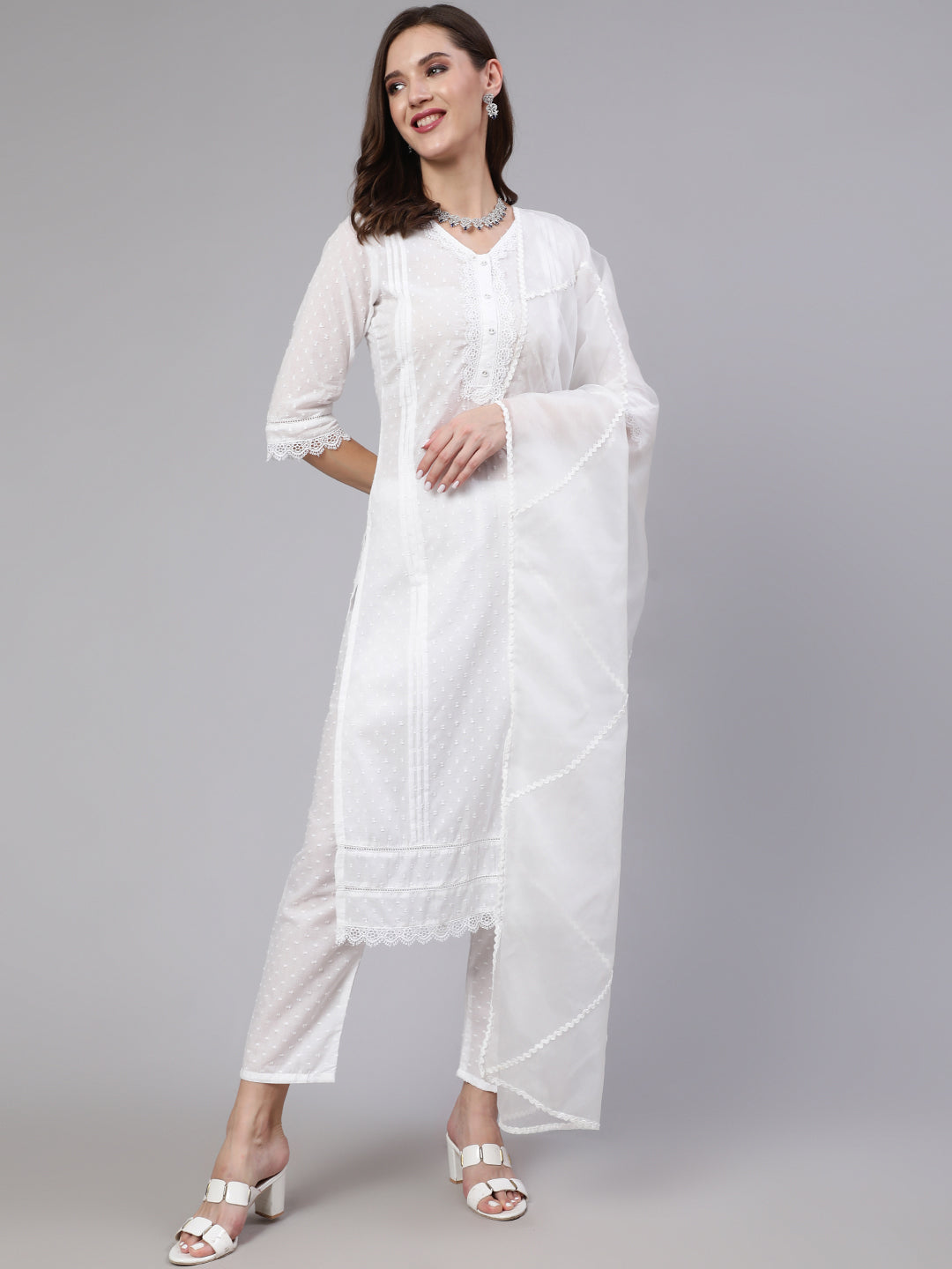 Women White Lace Details Straight Kurta With Trouser And Net Dupatta | LASVINI - Redefining Indian Fashion with Elegance
