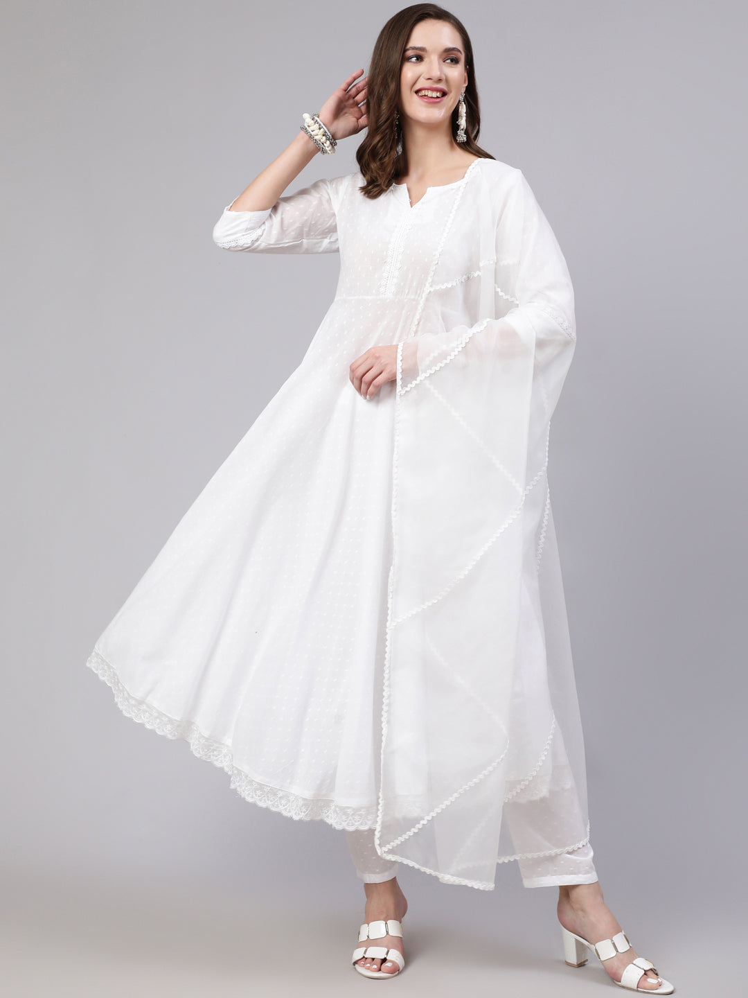 Women White Lace Details Flared Kurta With Trouser And Dupatta | LASVINI - Redefining Indian Fashion with Elegance