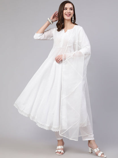 Women White Lace Details Flared Kurta With Trouser And Dupatta | LASVINI - Redefining Indian Fashion with Elegance