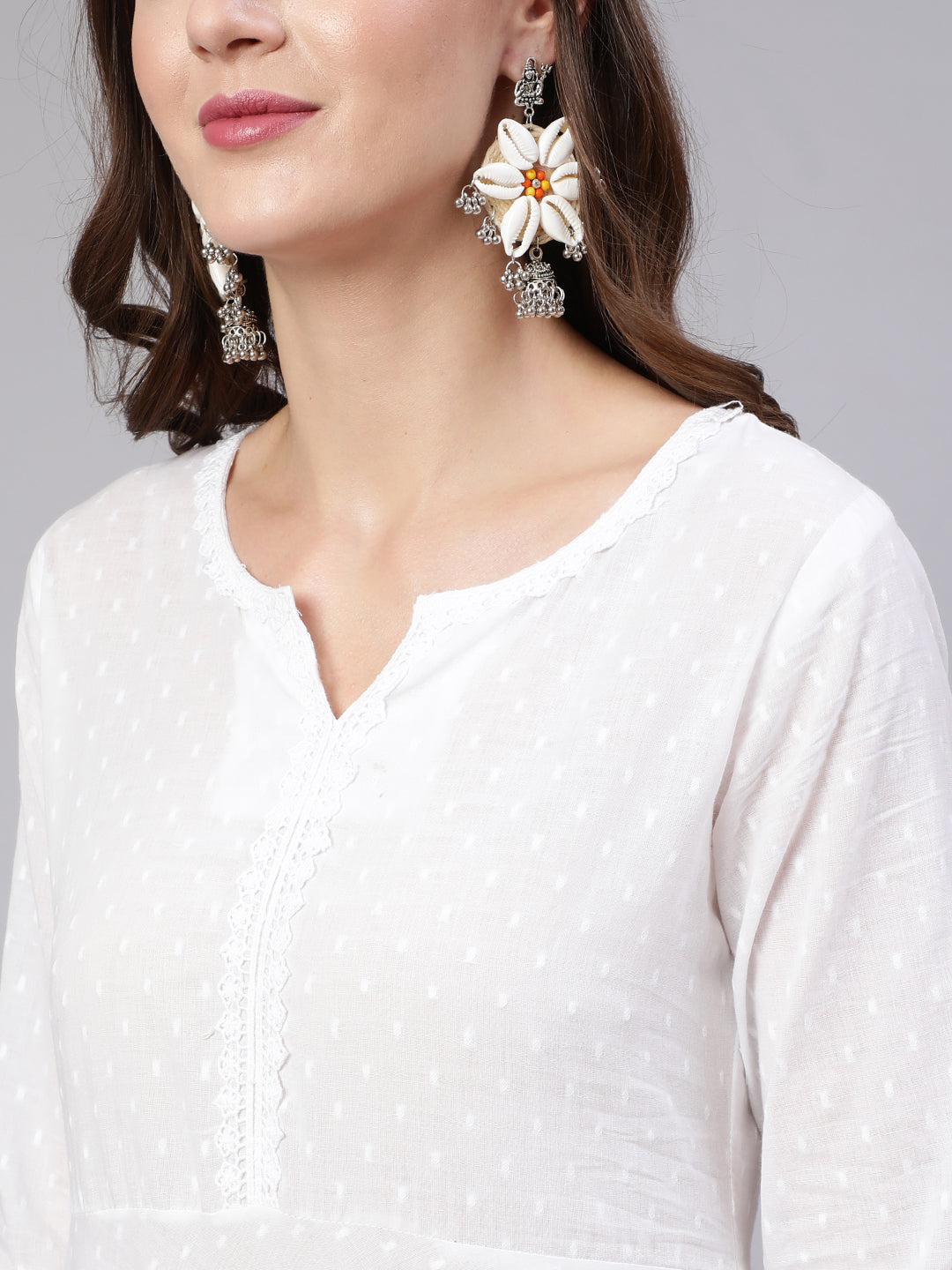 Women White Lace Details Flared Kurta With Trouser And Dupatta | LASVINI - Redefining Indian Fashion with Elegance