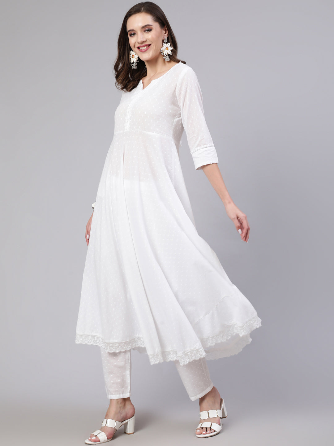 Women White Lace Details Flared Kurta With Trouser And Dupatta | LASVINI - Redefining Indian Fashion with Elegance