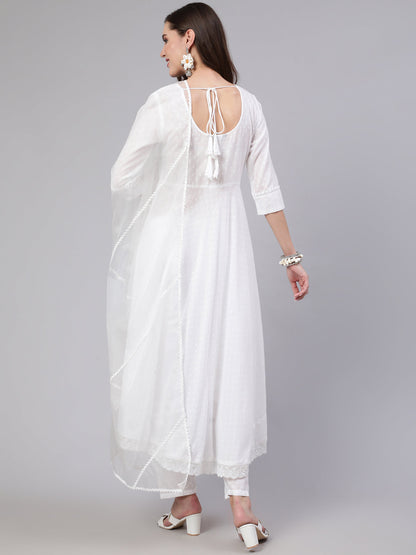 Women White Lace Details Flared Kurta With Trouser And Dupatta | LASVINI - Redefining Indian Fashion with Elegance