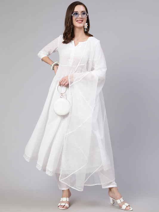 Women White Lace Details Flared Kurta With Trouser And Dupatta | LASVINI - Redefining Indian Fashion with Elegance