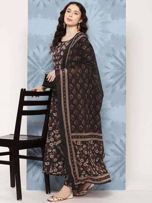 Women Black Floral Printed Flared Kurta With Trouser And Dupatta | LASVINI - Redefining Indian Fashion with Elegance
