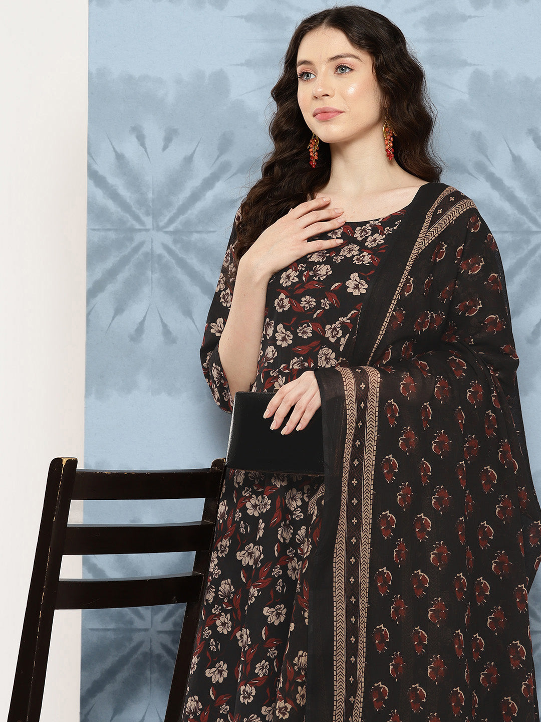 Women Black Floral Printed Flared Kurta With Trouser And Dupatta | LASVINI - Redefining Indian Fashion with Elegance