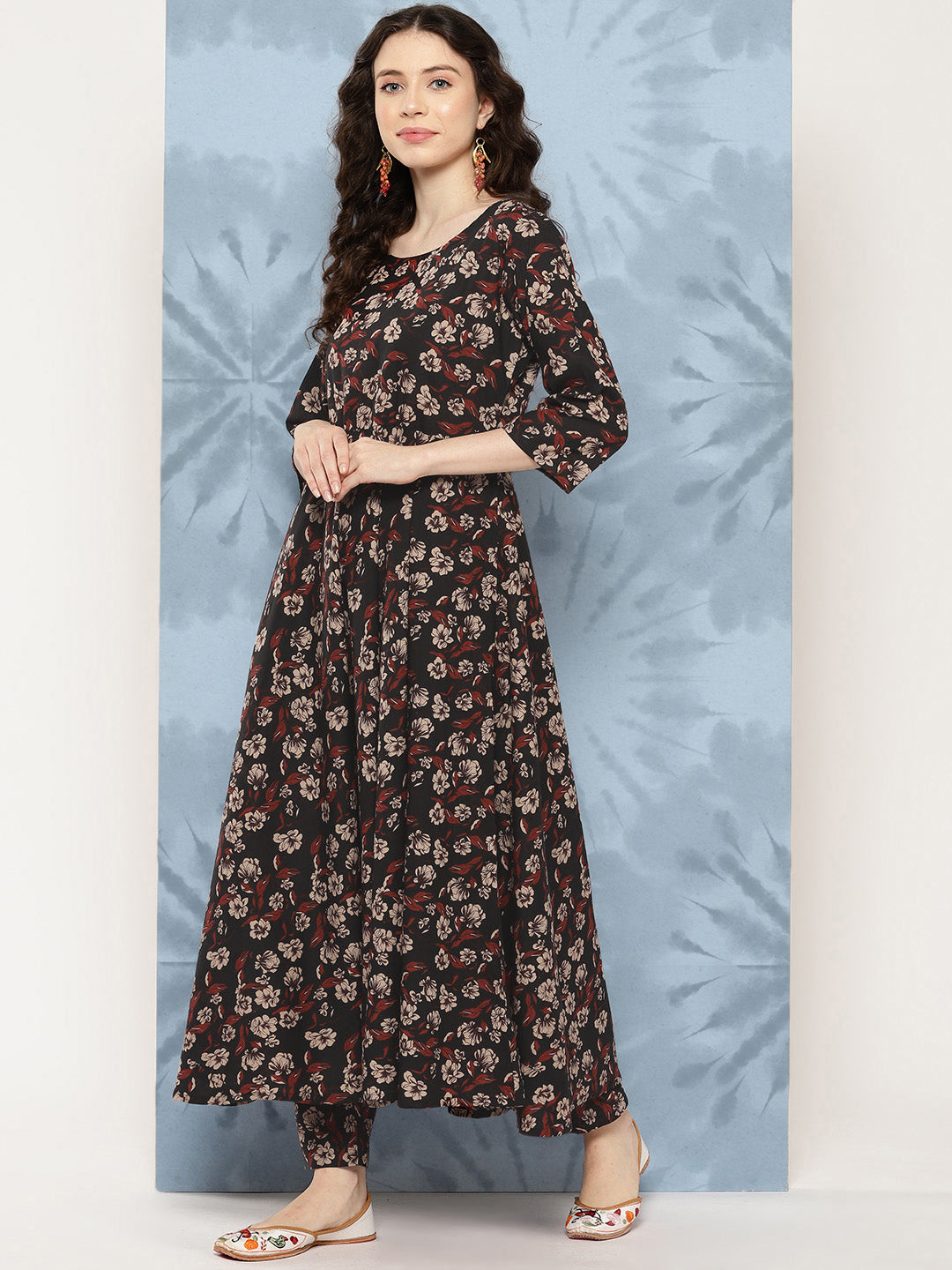 Women Black Floral Printed Flared Kurta With Trouser And Dupatta | LASVINI - Redefining Indian Fashion with Elegance