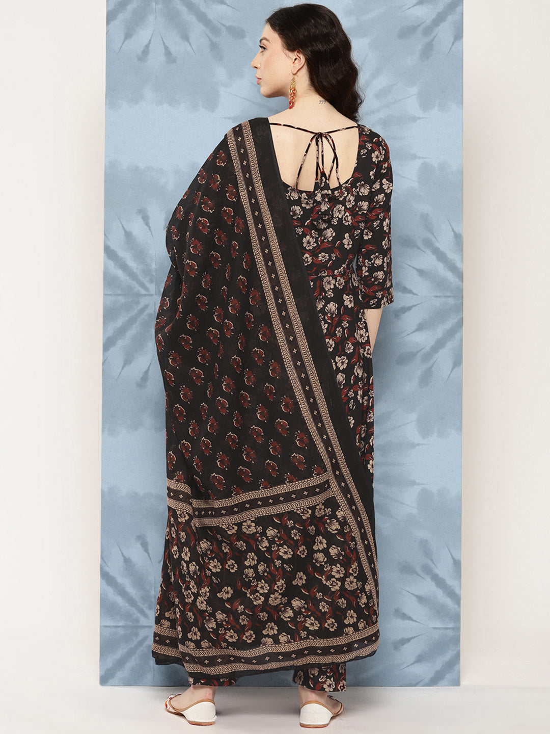 Women Black Floral Printed Flared Kurta With Trouser And Dupatta | LASVINI - Redefining Indian Fashion with Elegance