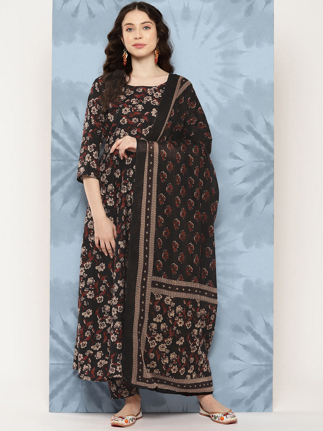 Women Black Floral Printed Flared Kurta With Trouser And Dupatta | LASVINI - Redefining Indian Fashion with Elegance