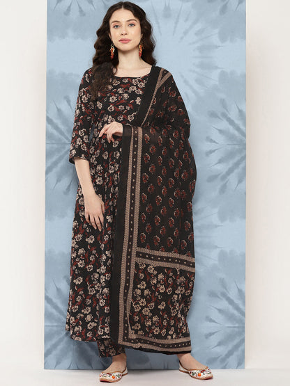 Women Black Floral Printed Flared Kurta With Trouser And Dupatta | LASVINI - Redefining Indian Fashion with Elegance