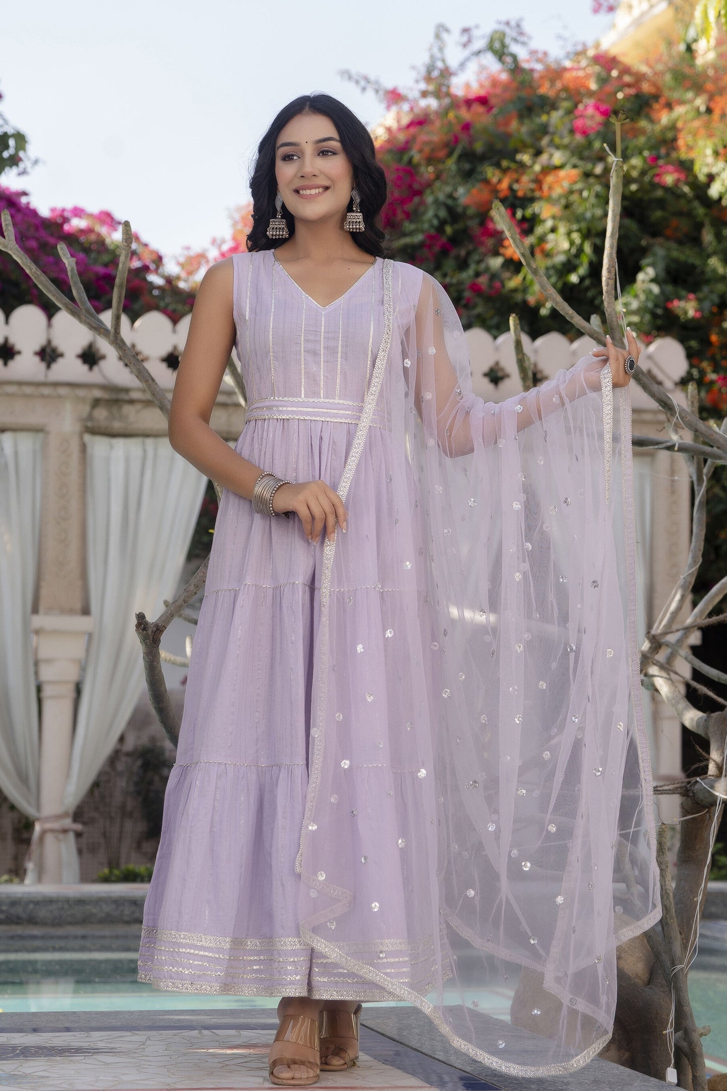 Women Lavender Embroidered Flared Dress With Scalloped Dupatta | LASVINI - Redefining Indian Fashion with Elegance