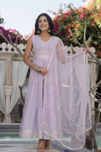 Women Lavender Embroidered Flared Dress With Scalloped Dupatta | LASVINI - Redefining Indian Fashion with Elegance