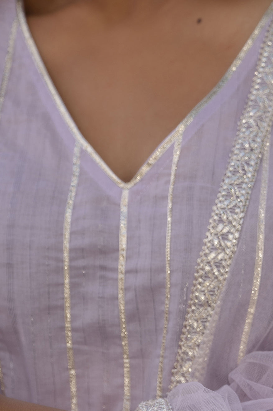 Women Lavender Embroidered Flared Dress With Scalloped Dupatta | LASVINI - Redefining Indian Fashion with Elegance