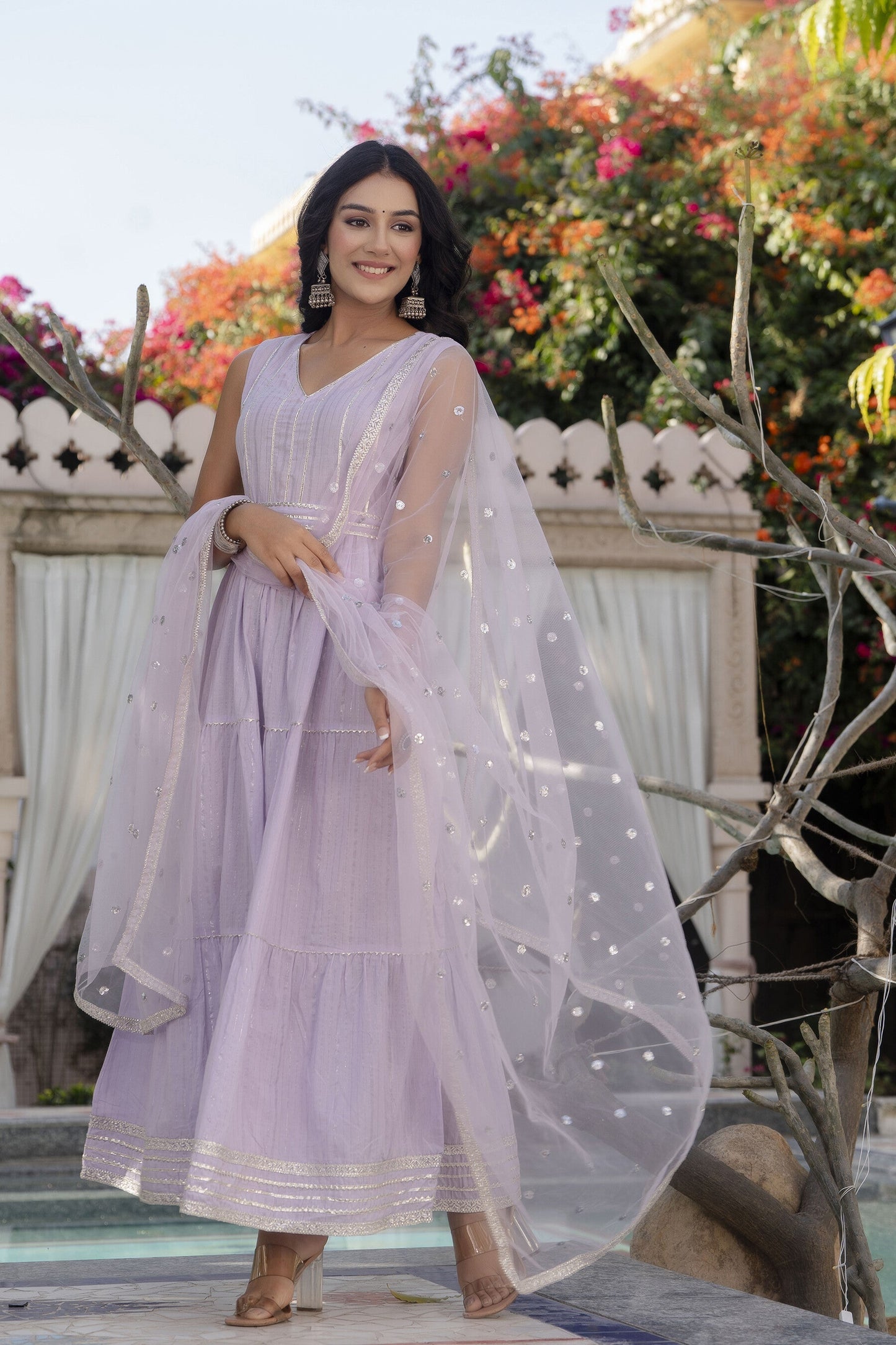 Women Lavender Embroidered Flared Dress With Scalloped Dupatta | LASVINI - Redefining Indian Fashion with Elegance