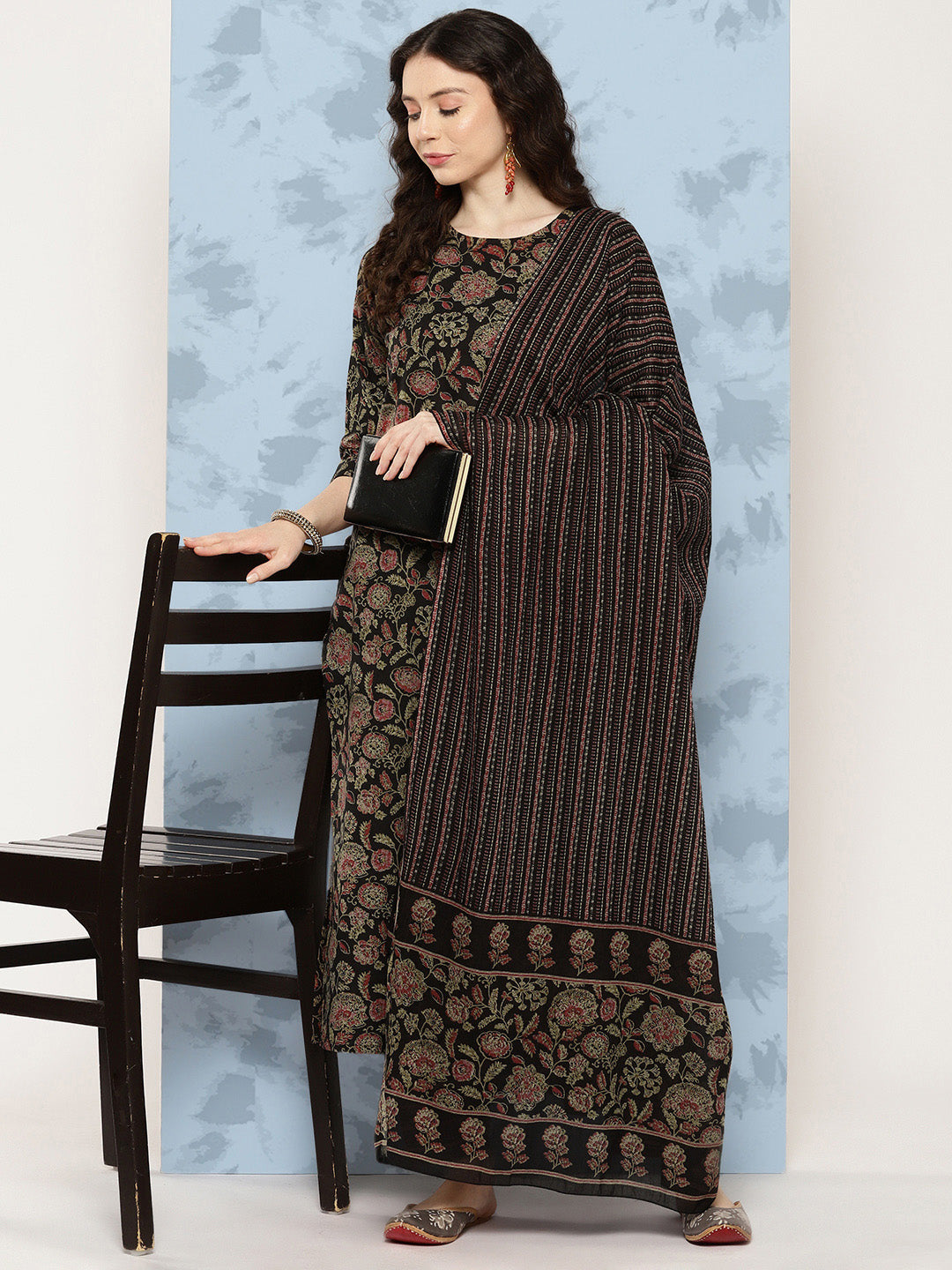Women Black Floral Printed Straight Kurta With Trouser And Dupatta | LASVINI - Redefining Indian Fashion with Elegance